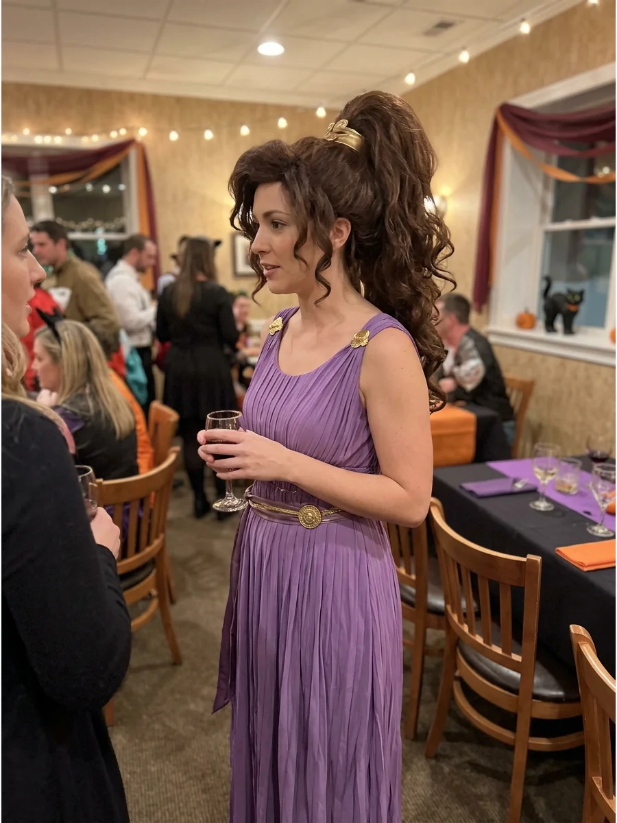 Megara Costume. Wear a long purple dress with gold clasps and a high ponytail. Add loose curls and a few face-framing pieces to create Megara’s dramatic hairstyle. Brunette Hallowe