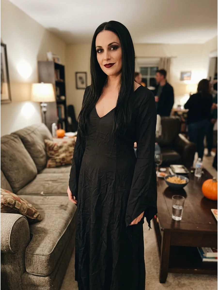 Morticia Addams Costume. Choose a floor-length black dress with long sleeves and a dramatic silhouette. Wear your dark hair long and straight, then add dark eye makeup and deep red