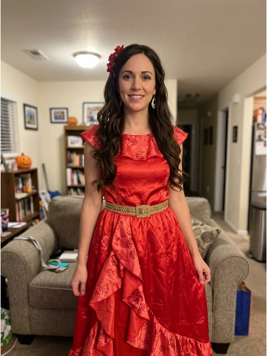 Elena of Avalor Costume. Choose a red dress with floral details, a gold belt, and decorative earrings. Style long brunette hair into soft waves and add a small flower above one ear