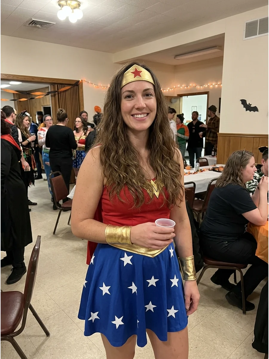 Wonder Woman Costume. Combine a red top with a blue skirt or pants, gold wrist cuffs, and a gold headband. Long, wavy brunette hair naturally completes this heroic costume. Brunett
