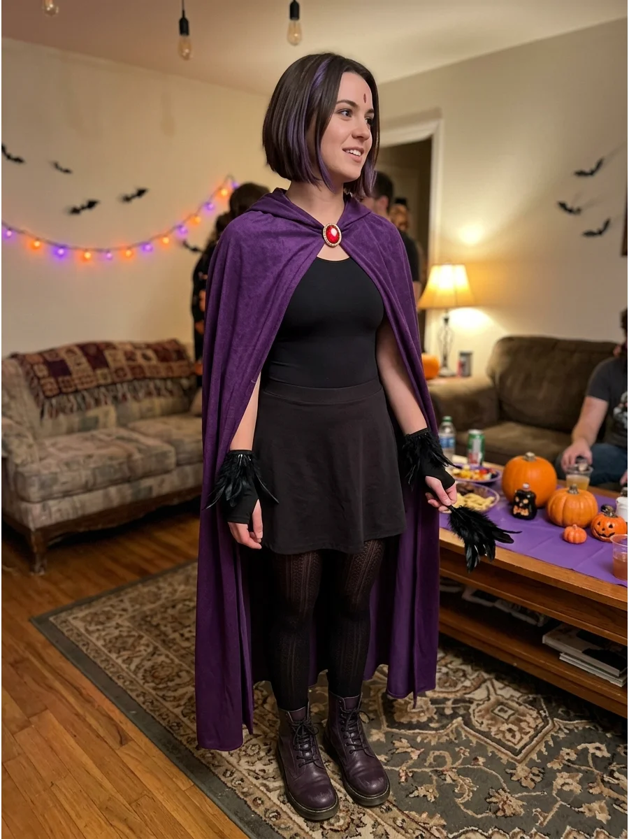 Raven Costume. Choose a dark leotard or dress with a purple cape, matching boots, and a red gemstone accessory. Style dark hair into a short bob or use temporary purple hair accent