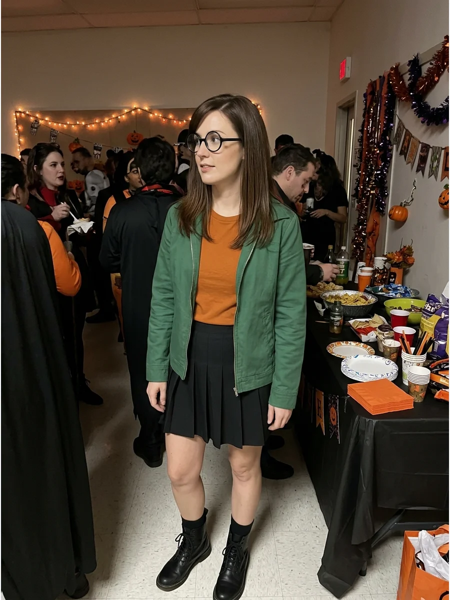 Daria Morgendorffer Costume. Wear a green jacket over an orange shirt with a black skirt, glasses, and combat-style boots. Straight brunette hair completes this easy animated-chara