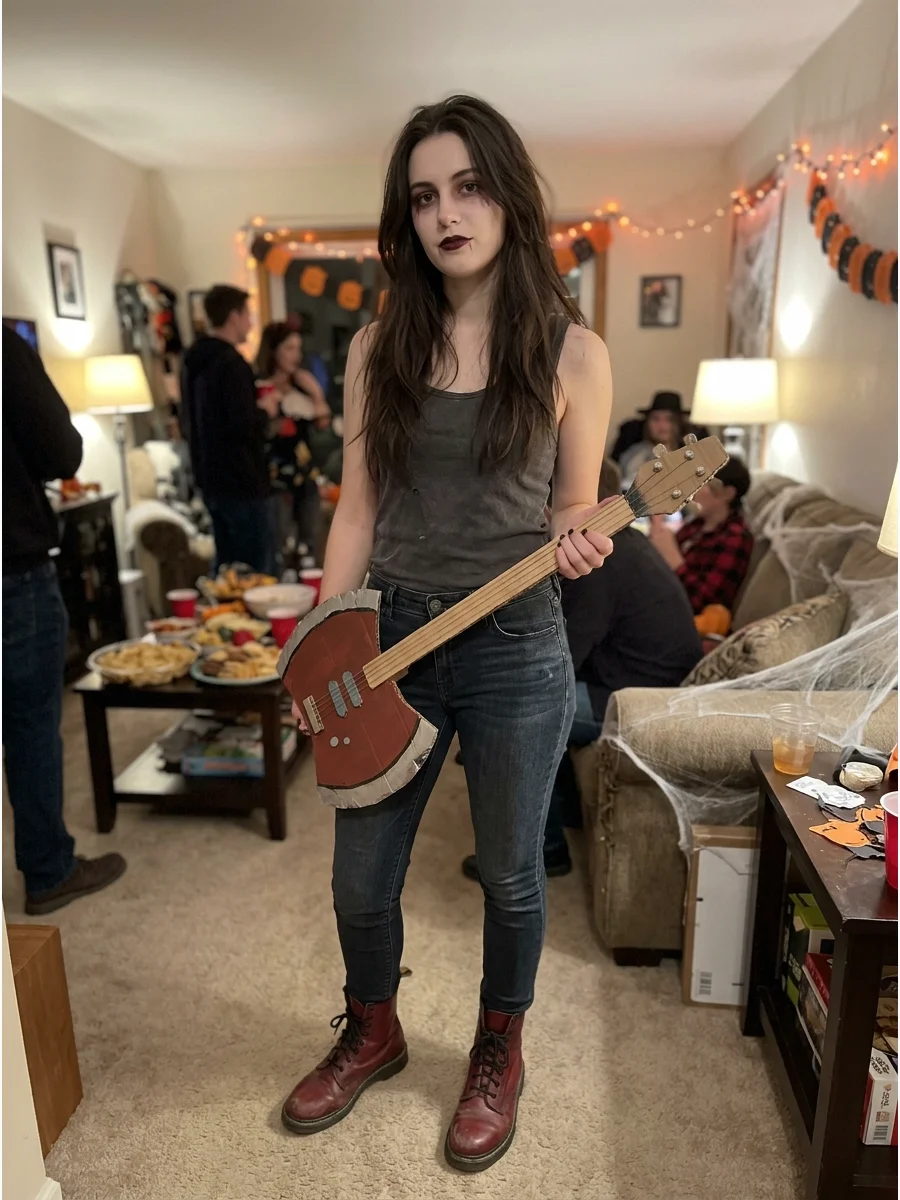 Marceline Costume. Wear a gray tank top, fitted jeans, red boots, and dark makeup. Long black or brunette hair makes this animated vampire-inspired look especially easy to recreate