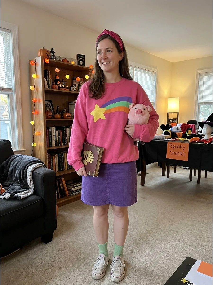 Mabel Pines Costume. Choose a colorful sweater, purple skirt, ankle socks, and comfortable shoes. Add a bright headband to long brown hair and carry a small journal or stuffed anim