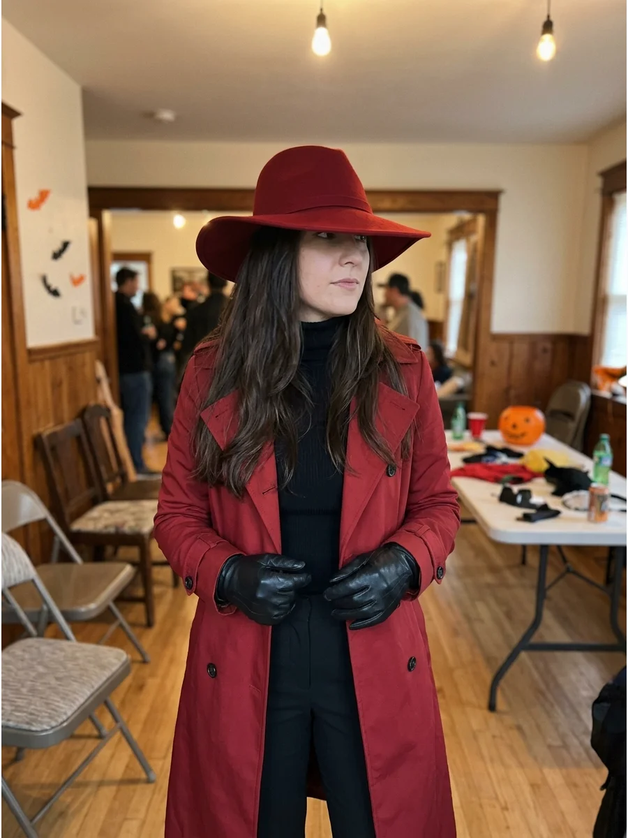 Carmen Sandiego Costume. Wear a red trench coat with black clothing, gloves, and a wide-brimmed red hat. Let long brunette hair show beneath the hat for a mysterious and polished c