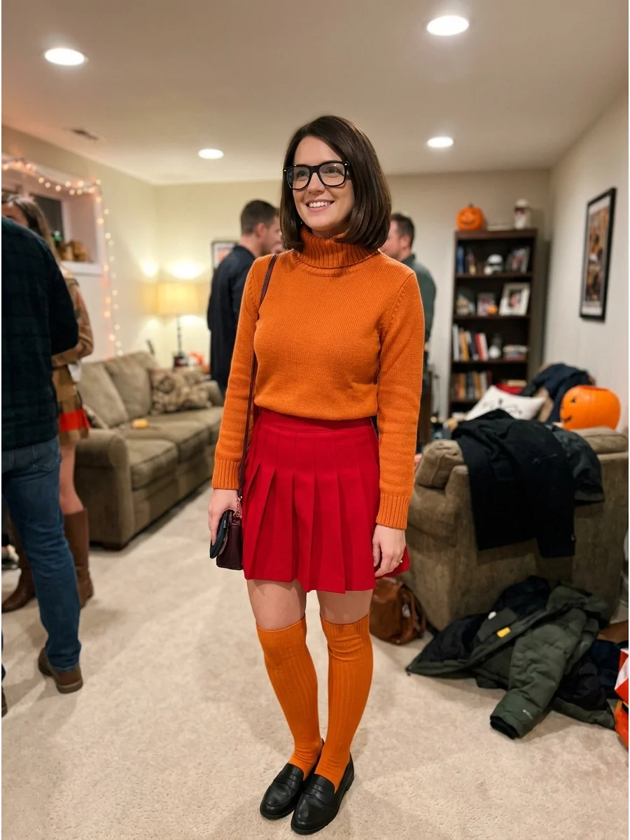 Velma Dinkley Costume. Pair an orange turtleneck with a red pleated skirt, orange socks, and glasses. A short brunette bob or shoulder-length hairstyle completes this easy and nost