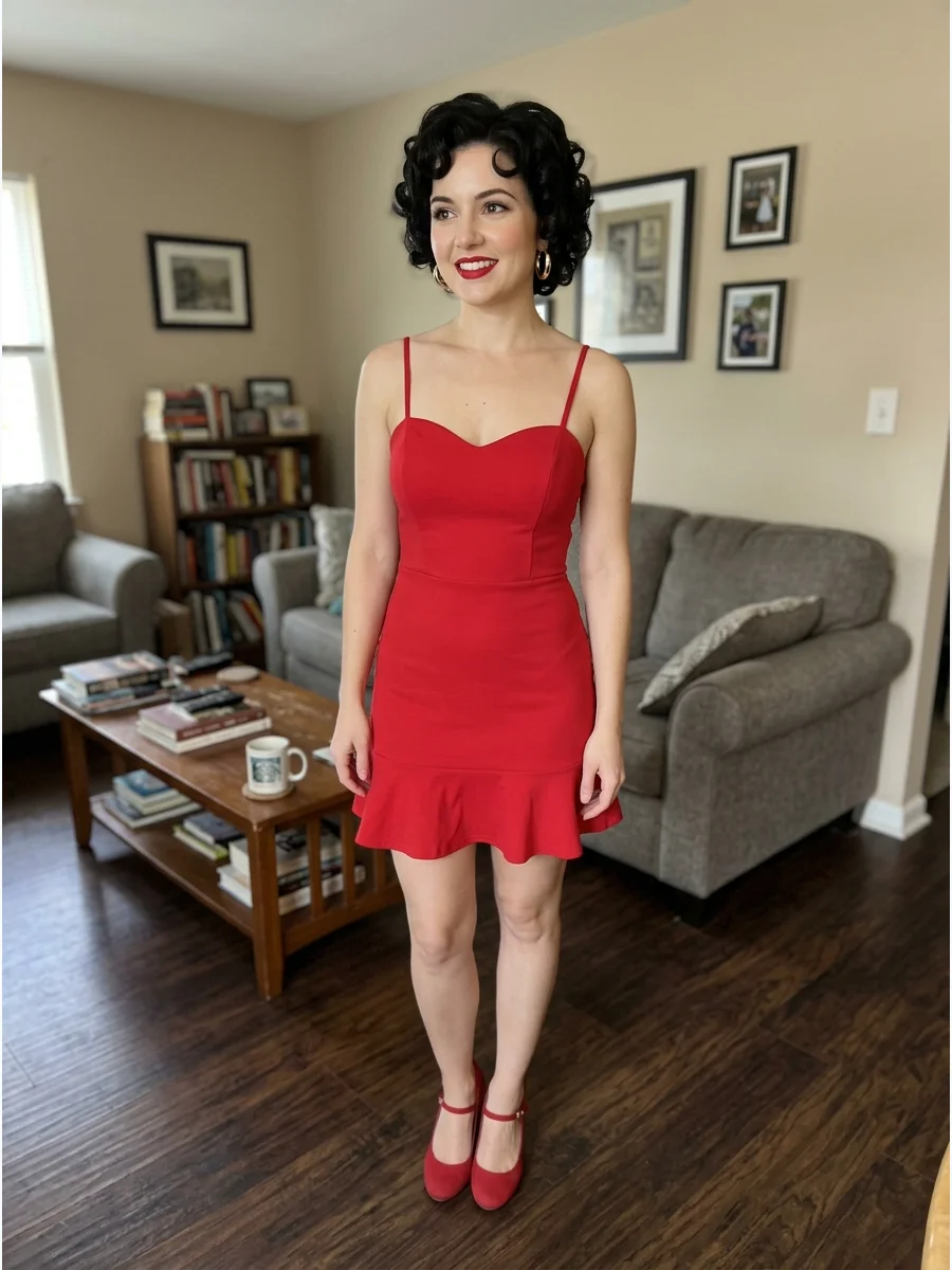 Betty Boop Costume. Choose a short red dress, gold earrings, and red or black shoes. Style short dark hair into vintage curls and add classic red lipstick. Brunette Halloween Costu