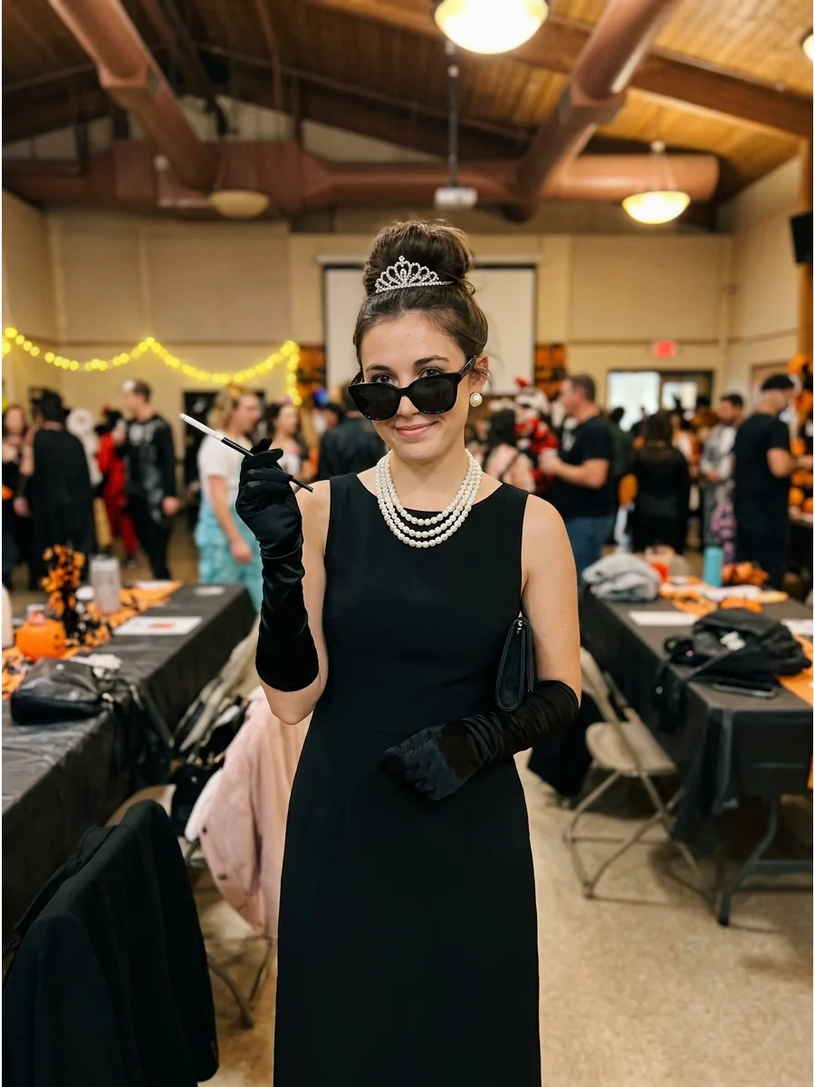 Holly Golightly Costume. Wear a simple black dress with pearls, long gloves, oversized sunglasses, and a small tiara. Sweep brunette hair into a high bun for an elegant Breakfast a