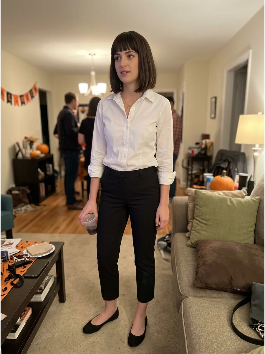 Mia Wallace Costume. Pair a white button-down shirt with cropped black pants and simple flats. A blunt brunette bob with bangs is the defining element of this minimalist costume. B