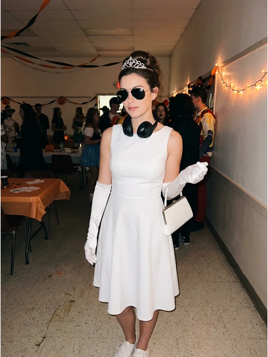 Mia Thermopolis Costume. Wear a white dress with long gloves, a small tiara, headphones, and sunglasses. Style brunette hair into an elegant updo for a Princess Diaries-inspired tr