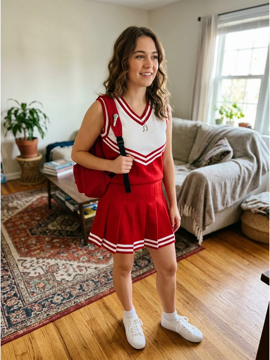 Gabriella Montez Costume. Create a nostalgic school look with a red-and-white outfit, casual sneakers, and a small school bag. Wear your brunette hair in loose waves and add subtle