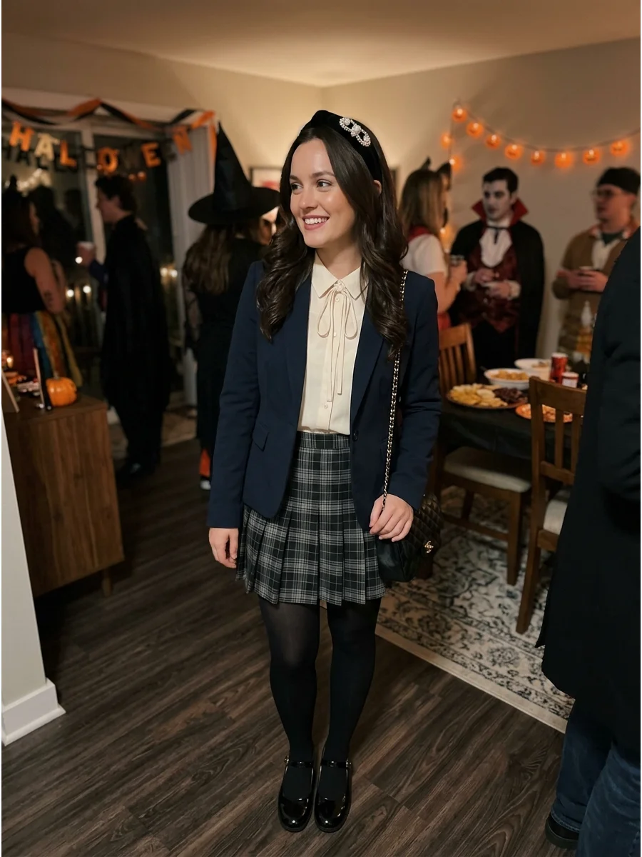 Blair Waldorf Costume. Pair a pleated skirt with a fitted blazer, blouse, tights, and polished shoes. Add a statement headband to glossy brunette waves for a recognizable Upper Eas