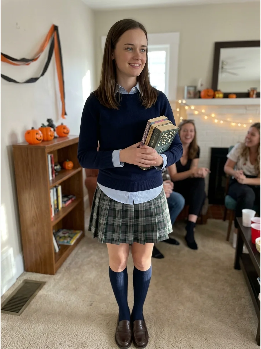 Rory Gilmore Costume. Wear a Chilton-inspired plaid skirt, light-blue shirt, navy sweater, and knee socks. Carry a stack of books and style brown hair straight or in soft waves. Br