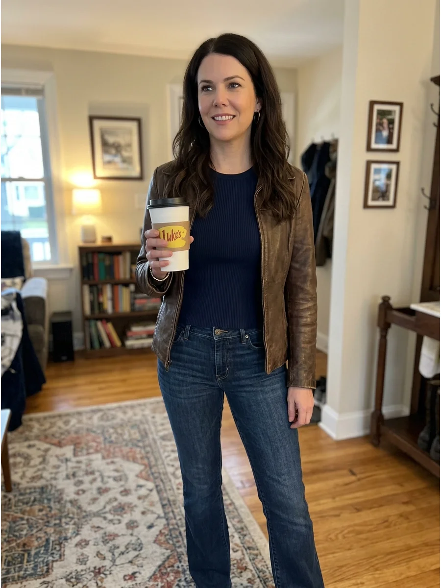 Lorelai Gilmore Costume. Combine bootcut jeans with a fitted top, leather jacket, and a large coffee cup. Long brunette hair and early-2000s accessories make the costume feel compl