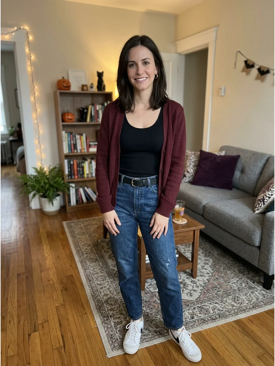 Monica Geller Costume. Wear high-waisted jeans with a fitted tank top, cardigan, and white sneakers. Keep the hair and makeup natural for a comfortable costume made from everyday c