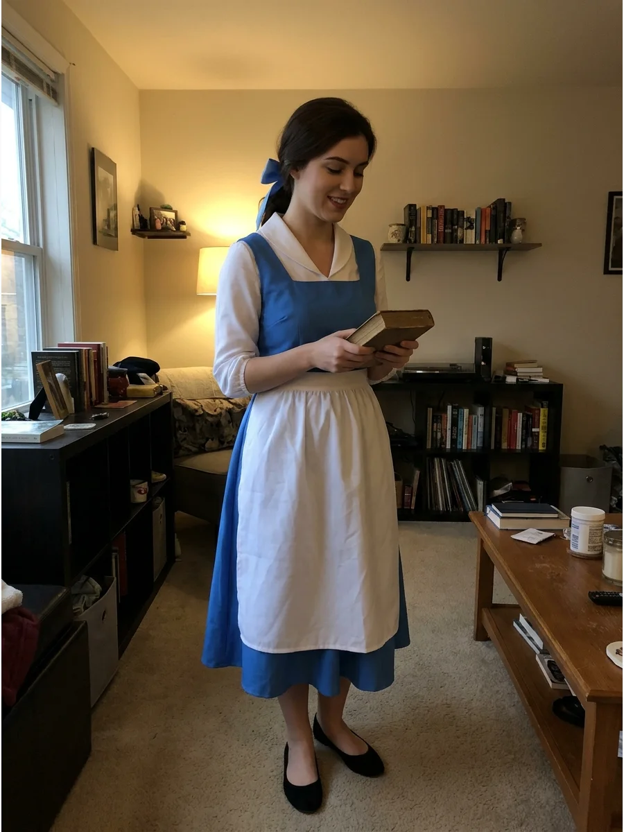 Belle Costume. Create Belle’s provincial look with a blue dress, white apron, and simple flats. Tie your brown hair back with a blue ribbon and carry a book as the finishing detail
