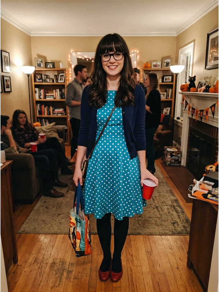 Jess Day Costume. Pair a brightly colored dress with tights, flats, glasses, and a cardigan. Add bangs or a clip-in fringe to long brunette hair to capture her signature style. Bru
