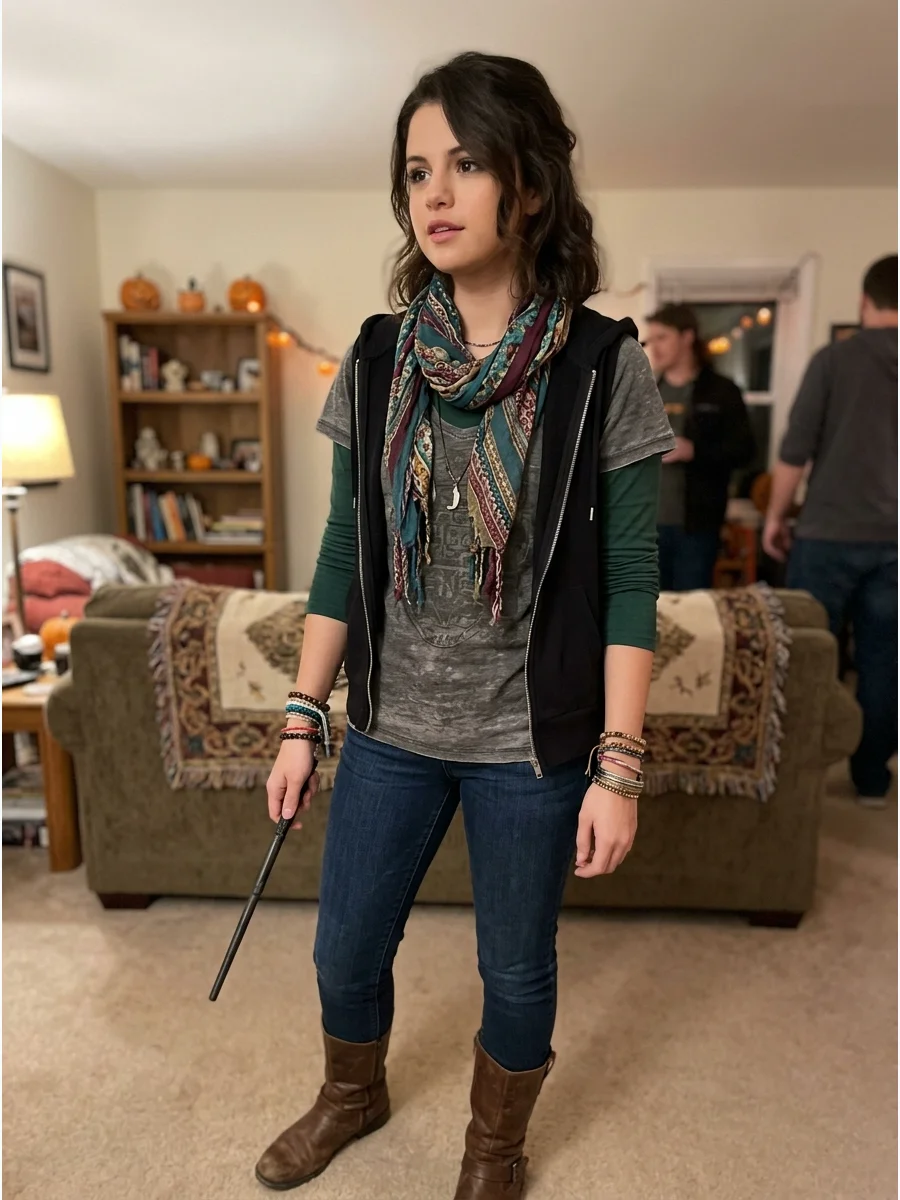 Alex Russo Costume. Wear skinny jeans with layered tops, boots, a patterned scarf, and plenty of bracelets. Long dark hair styled straight or in loose waves completes the casual ma