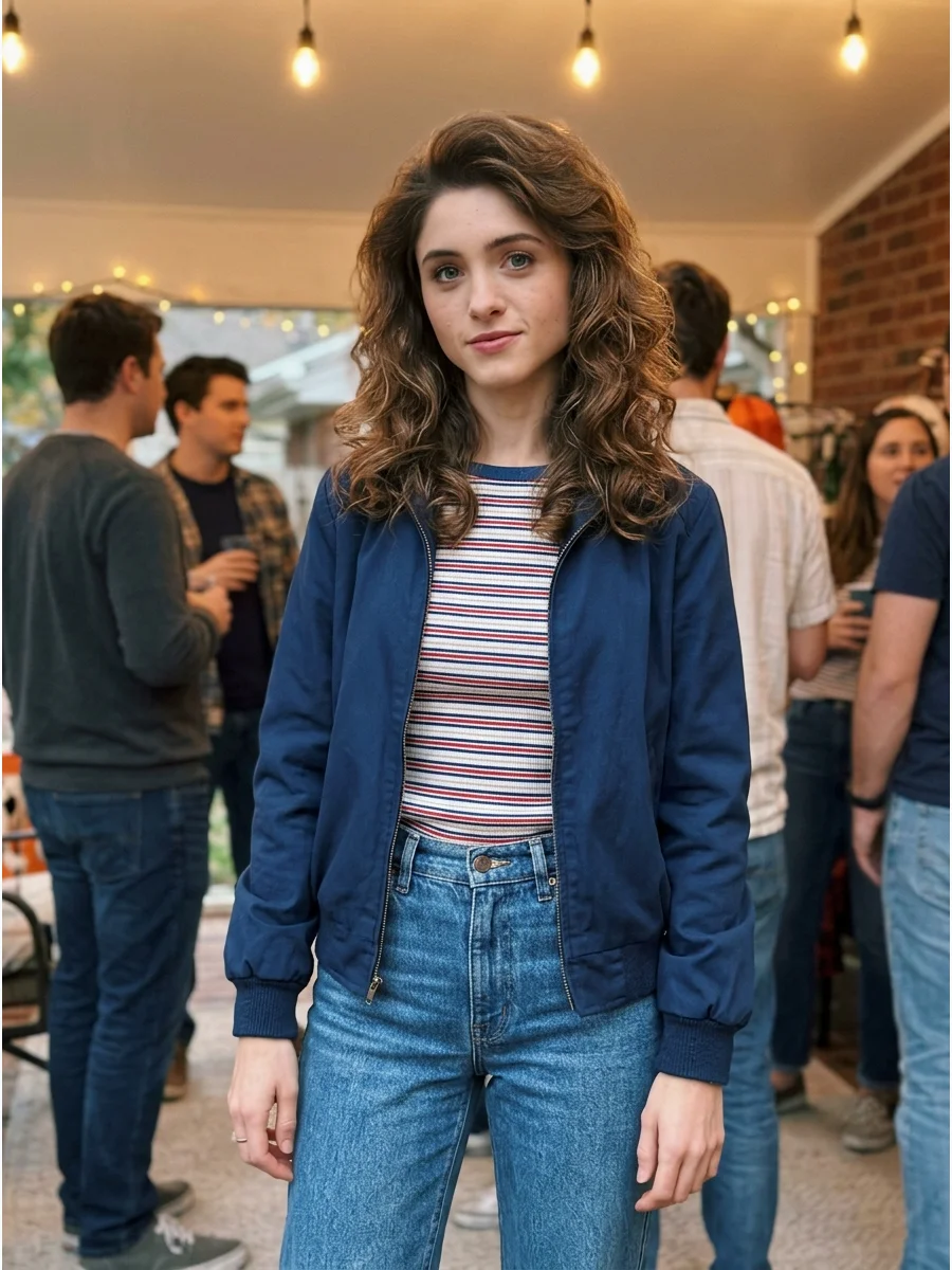 Nancy Wheeler Costume. Wear high-waisted jeans or corduroy pants with a striped shirt and 1980s-style jacket. Add voluminous brunette waves for a recognizable Stranger Things-inspi