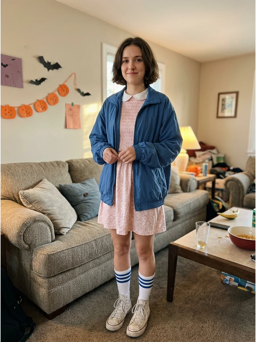 Eleven Costume. Pair a patterned dress with a blue jacket, striped socks, and white sneakers. A slicked-back brunette hairstyle or short bob works well with this nostalgic costume.