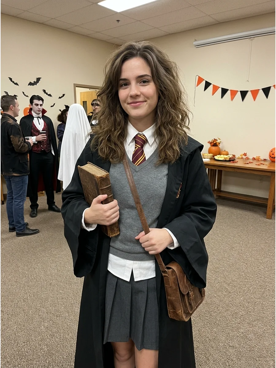 Hermione Granger Costume. Wear a white shirt, gray sweater, pleated skirt, striped tie, and dark robe. Style brunette hair with plenty of volume and carry an old book or small satc