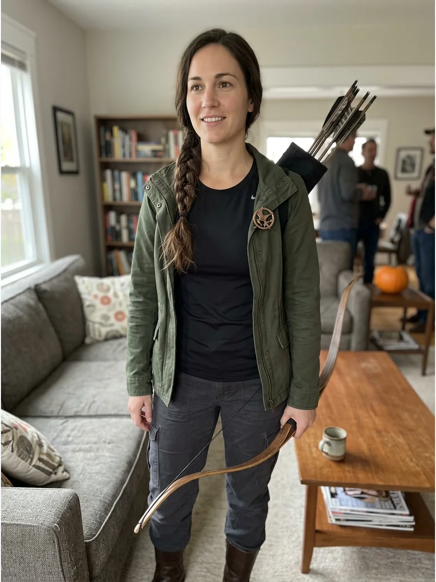Katniss Everdeen Costume. Pair a black athletic top with dark cargo pants, boots, and a simple jacket. Put long brown hair into a loose side braid and add a bird-inspired pin. Brun