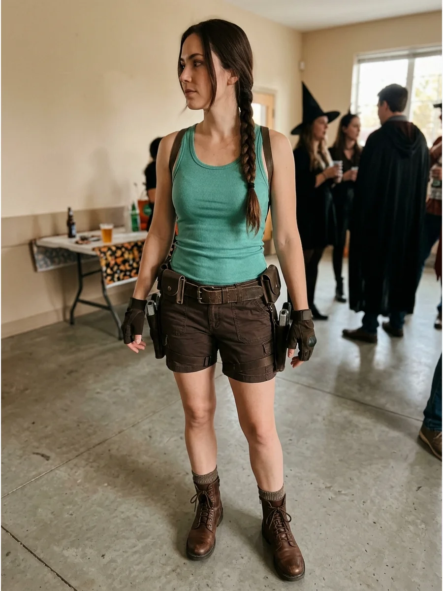 Lara Croft Costume. Wear a fitted tank top with dark shorts or cargo pants, boots, fingerless gloves, and a utility-style belt. Style long brunette hair into a practical braid or p