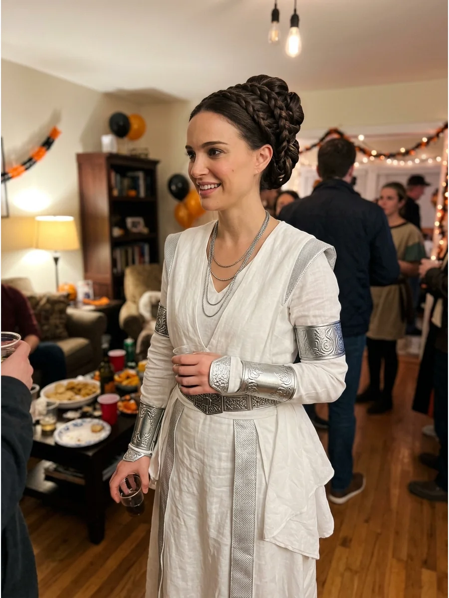 Padmé Amidala Costume. Choose a flowing white outfit with silver accessories and structured arm details. Style dark hair into an elaborate bun or braided updo for a regal science-f