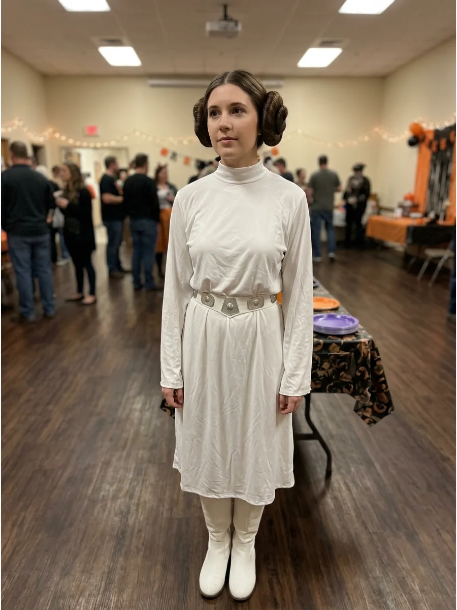 Princess Leia Costume. Wear a long white dress with white boots and a metallic belt. Create Leia-inspired side buns using long brunette hair or easy clip-in bun pieces. Brunette Ha