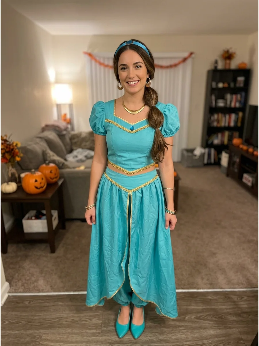 Princess Jasmine Costume. Wear a turquoise outfit with gold accessories and matching shoes. Style long brunette hair into a low segmented ponytail and add a blue headband. Brunette