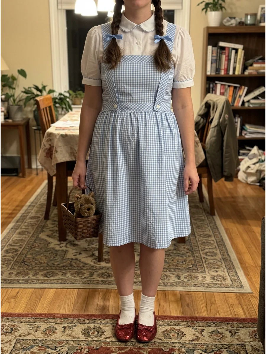 Dorothy Gale Costume. Pair a blue gingham dress with a white blouse, ankle socks, and red shoes. Style brown hair into two braids tied with blue ribbons. Brunette Halloween Costume