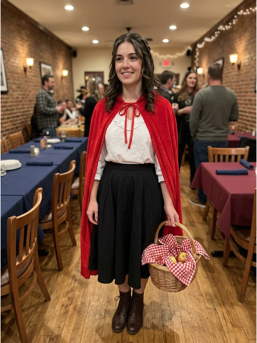 Little Red Riding Hood Costume. Wear a simple white blouse with a black or brown skirt and a bright red hooded cape. Loose brunette waves or two braids work beautifully with this s