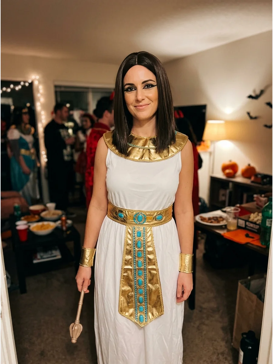 Cleopatra Costume. Choose a white or black maxi dress with a wide gold belt, decorative collar, and gold cuffs. Style dark hair into a sleek bob or straight center-parted look with