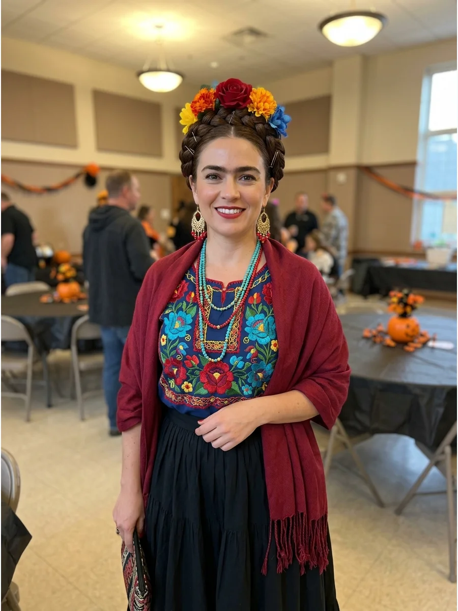 Frida Kahlo Costume. Wear a colorful embroidered blouse with a long skirt, shawl, and statement earrings. Arrange brunette hair into a braided crown decorated with bright faux flow