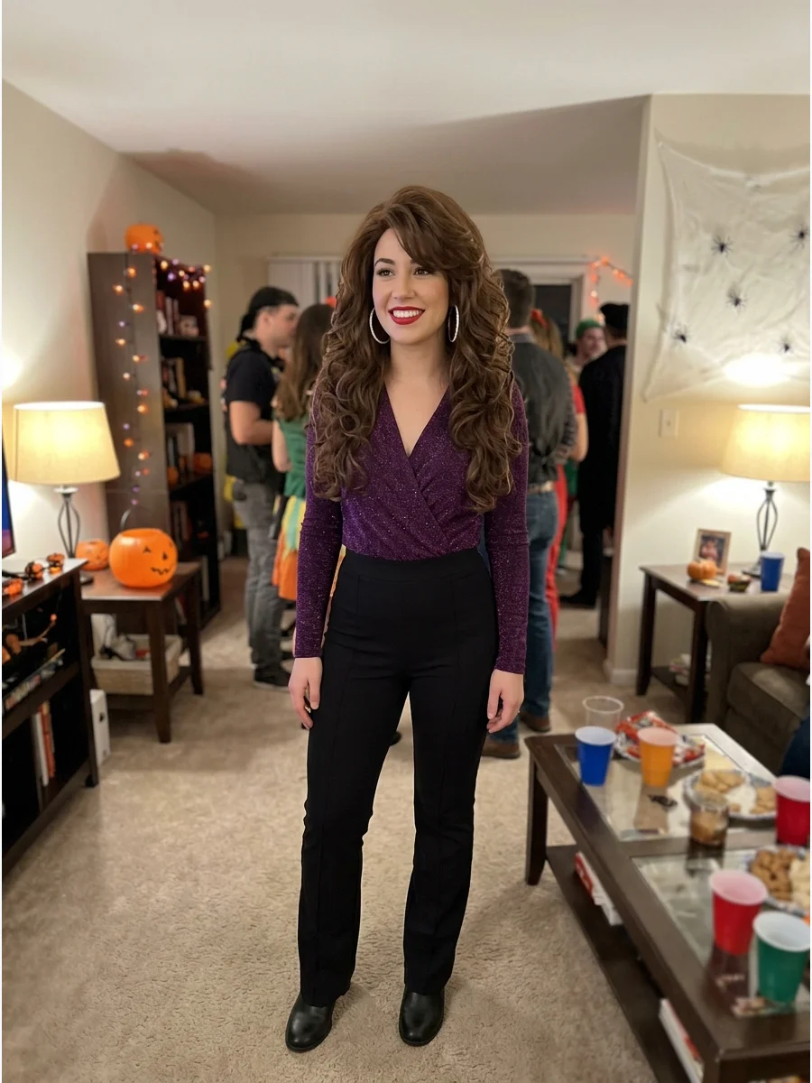Selena Quintanilla Costume. Recreate an iconic performance look with high-waisted black pants, a sparkly purple top, and large earrings. Add voluminous brunette waves and a bold re