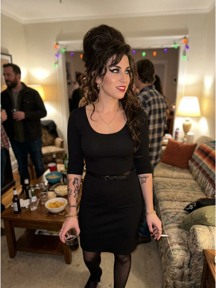 Amy Winehouse Costume. Wear a fitted black dress with dramatic winged eyeliner and retro accessories. Style brunette hair into a high beehive with a few loose pieces around the fac