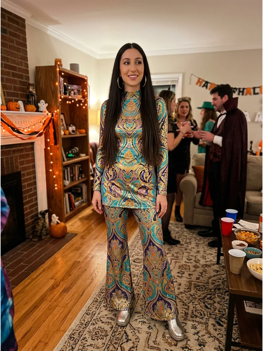 Cher-Inspired Costume. Choose a 1970s-inspired patterned outfit, flared pants, or a shimmering dress. Long, straight brunette hair with a center part is the most important part of