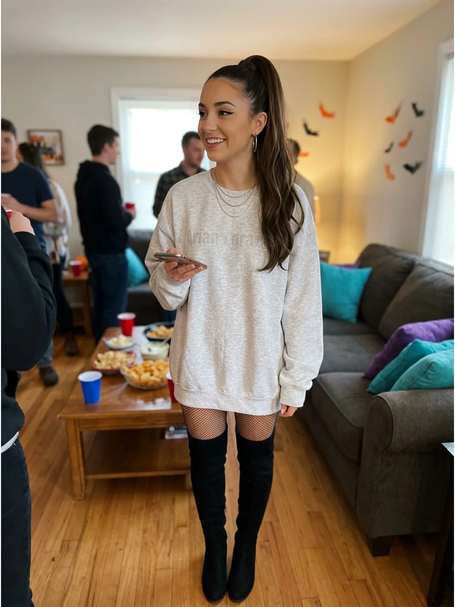 Ariana Grande-Inspired Pop Star Costume. Pair an oversized sweatshirt or sparkly stage-inspired outfit with tall boots and simple accessories. Put long brown hair into a sleek high