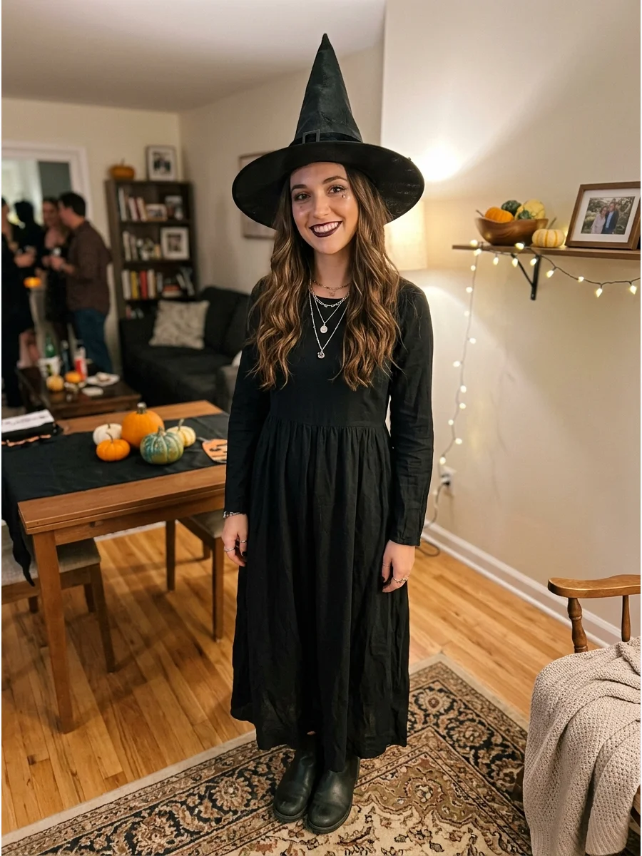 Classic Brunette Witch Costume. Wear a long black dress with ankle boots, layered jewelry, and a pointed hat. Long brunette waves, dark lipstick, and subtle shimmer create an elega