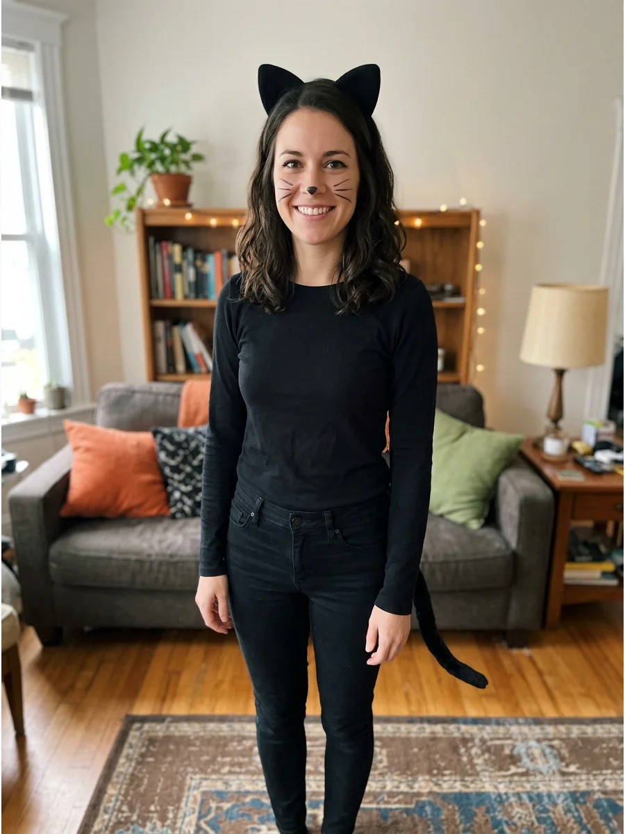 Black Cat Costume. Start with an all-black outfit and add cat ears, a simple tail, and whisker makeup. This is an easy last-minute option that works with every brunette hairstyle.