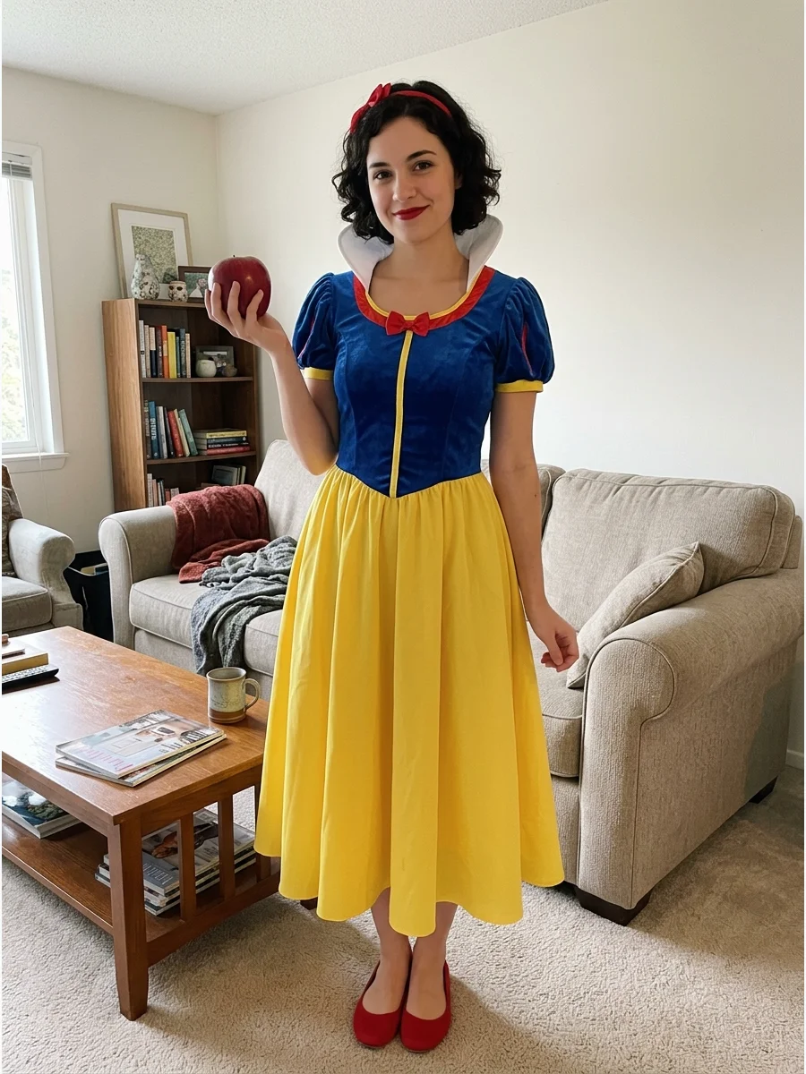 Snow White Costume. Combine a blue top with a yellow skirt, red accents, and a red bow headband. Short dark hair works especially well for this classic fairytale costume. Brunette