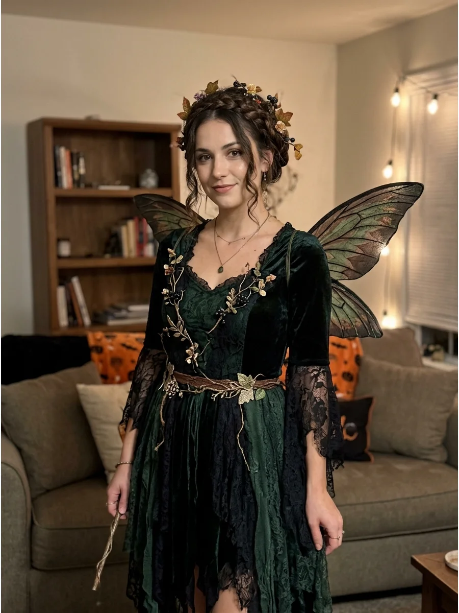 Dark Fairy Costume. Choose a black, burgundy, forest-green, or deep-purple dress with delicate wings and botanical accessories. Wear brunette hair in loose curls or a messy braided