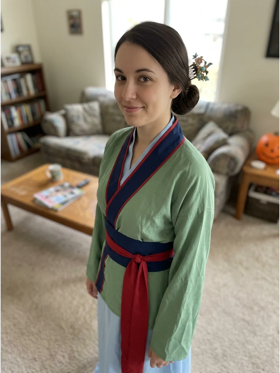 Mulan Costume. Choose a flowing outfit in soft green, blue, pink, or red tones. Wear your dark hair in a low bun or straight style and add a decorative hair comb. Brunette Hallowee