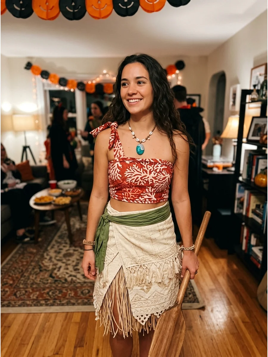 Moana Costume. Pair a red patterned top with a cream-colored skirt and tropical accessories. Let long, wavy brunette hair stay natural to make the costume feel effortless. Brunette