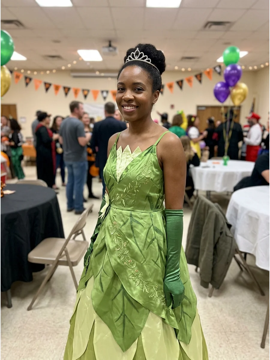 Tiana Costume. Wear a green dress with leaf-inspired details, long gloves, and a small tiara. Style dark hair into a polished bun to complete the elegant princess look. Brunette Ha
