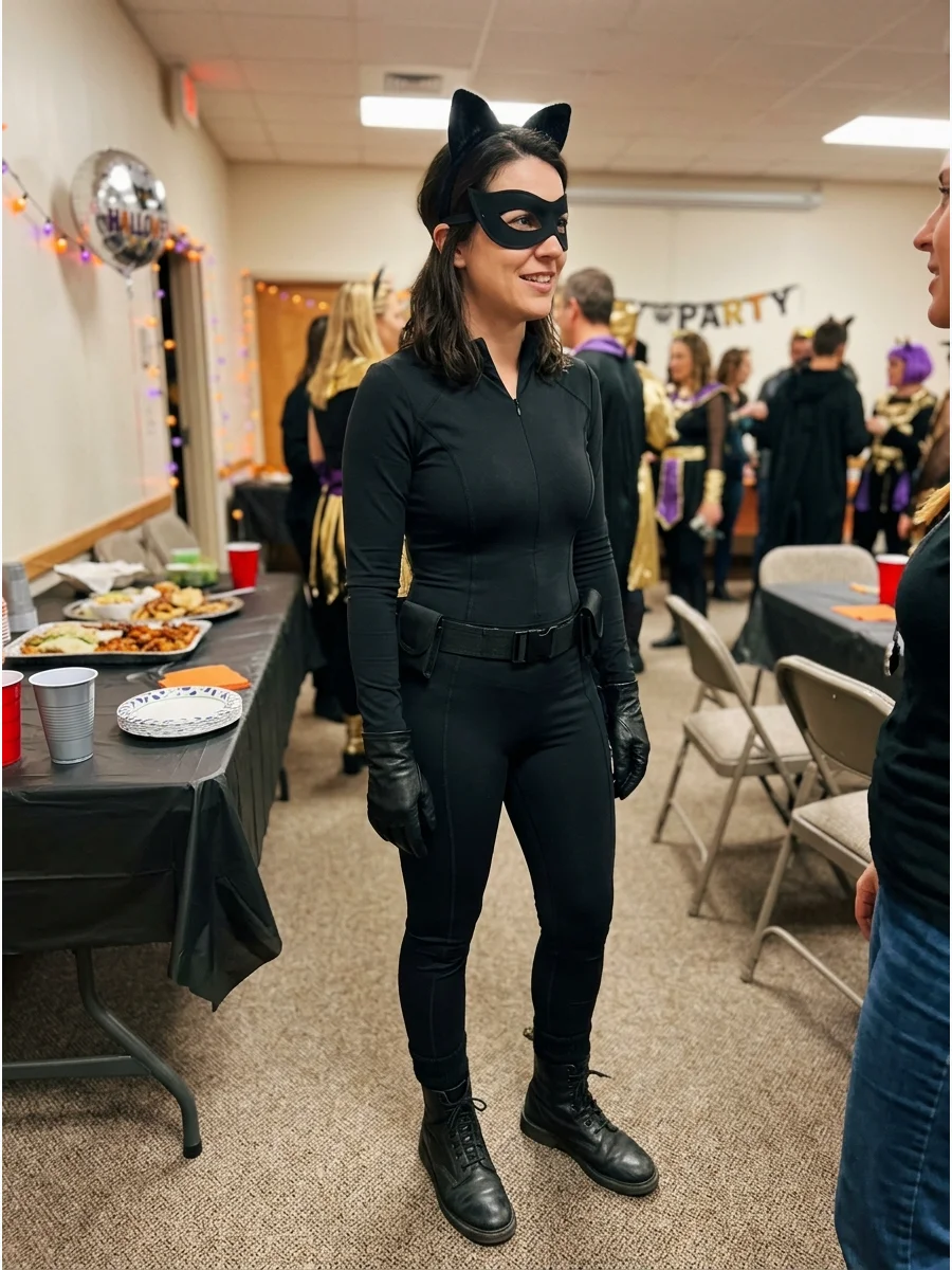 Classic Black Catwoman Costume. Start with a fitted black jumpsuit, black gloves, comfortable boots, cat ears, and a simple eye mask. This recognizable combination works well when