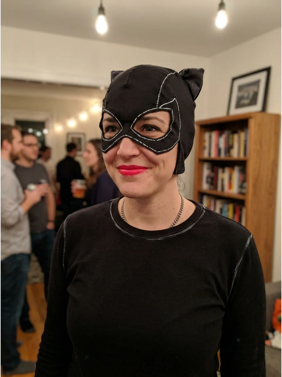 Animated Comic Catwoman Costume. Choose a simple gray or black fitted outfit with a dramatic black mask and bright red lipstick. Use bold, clean details to give the costume an illu