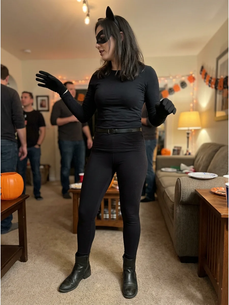 Black Leggings Catwoman Costume. Pair black leggings with a fitted black long-sleeve shirt, ankle boots, gloves, and inexpensive cat ears. This is one of the easiest Catwoman costu