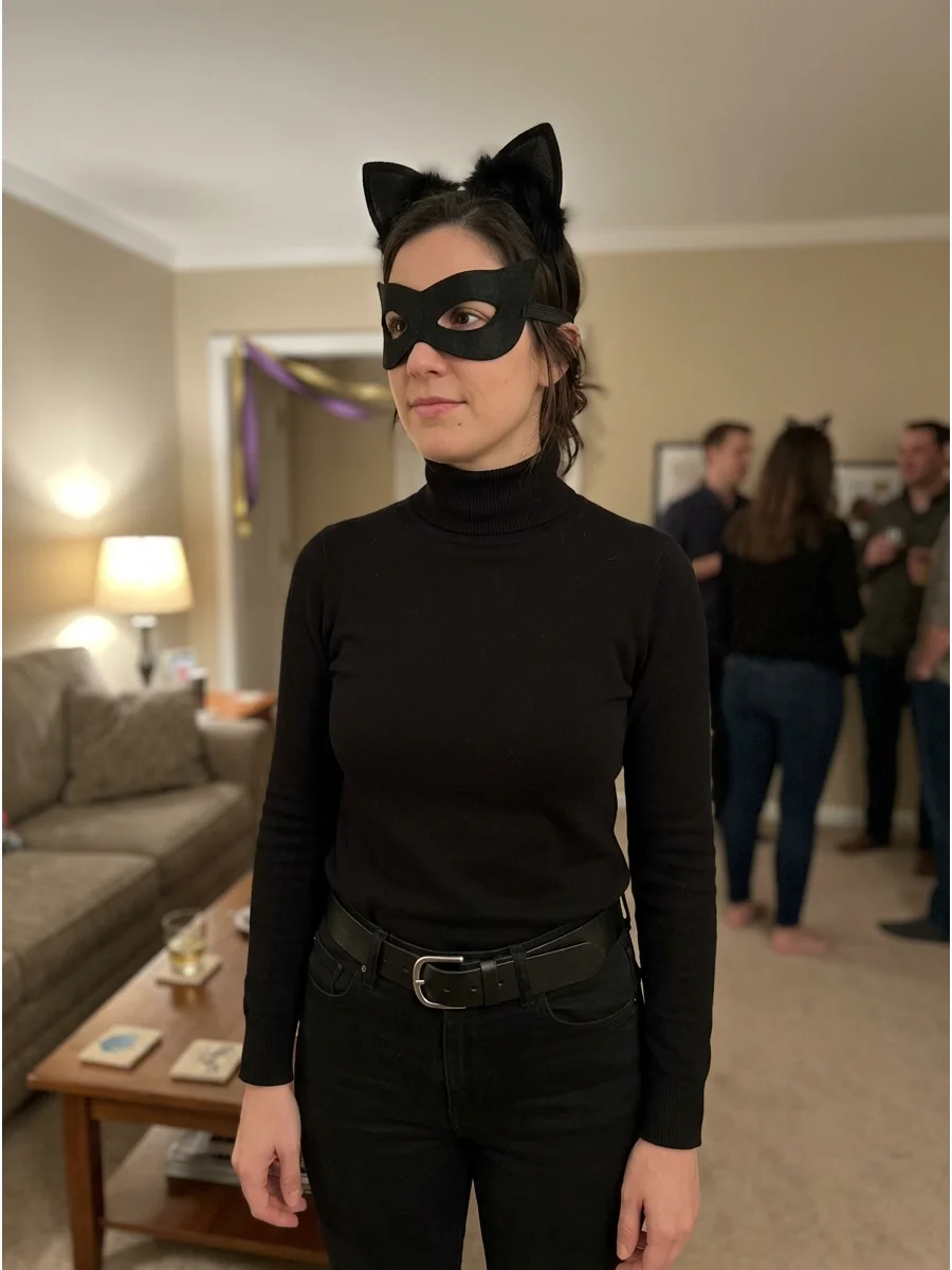 Black Turtleneck Catwoman Costume. Wear a plain black turtleneck with black pants and a wide belt. Finish the outfit with a handmade eye mask and a cat-ear headband. Catwoman Hallo
