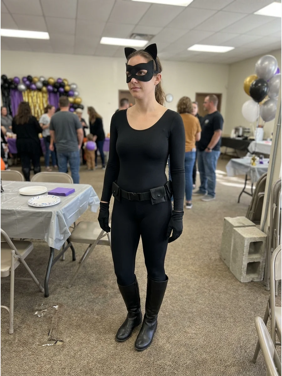 Black Bodysuit Catwoman Costume. Use a basic black bodysuit as the foundation, then add opaque leggings, boots, gloves, and a belt. A simple mask makes the outfit feel complete wit
